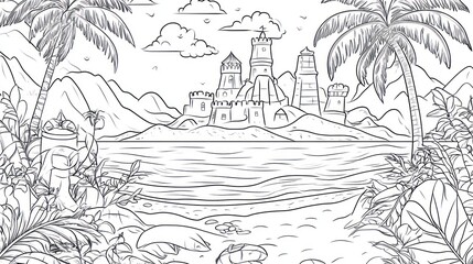 Island castle illustration line art