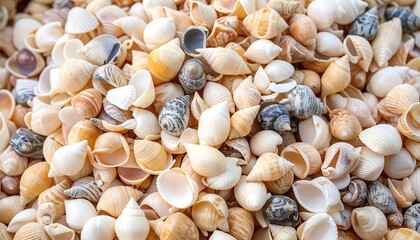 A close-up view of a colorful assortment of small seashells, showcasing a variety of shapes, sizes, and natural colors.