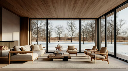 AI generator image of Simple interior design in white tones. Minimalist residential interior design elements with minimal furniture, plenty of space for text and neutral tones. Residential interior 