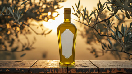Olive Oil Bottle on a Wooden Table with Olive Tree Branches in the Background