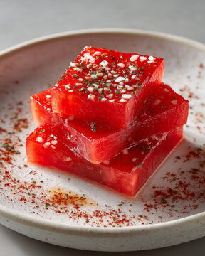 Naklejki Vibrant stacked slices of chamoy pickle garnished with spices on a plate