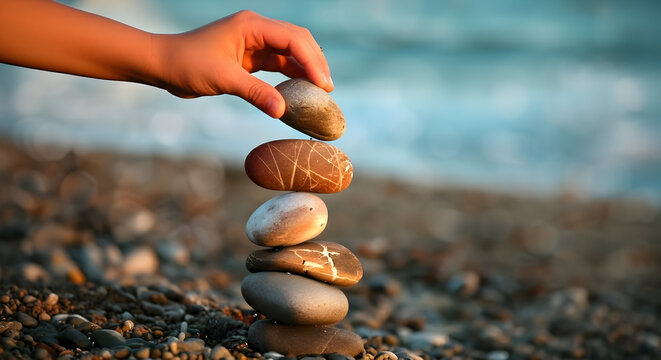 Balanced Stone Cairn with Person Placing Rock on Pebble Beach - Powered by Adobe