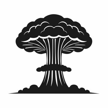 Mushroom cloud silhouette. This image shows a black silhouette of a mushroom cloud, also known as an atomic or nuclear explosion cloud, with detailed plumes. Vector clipart illustration design.