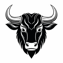 Fototapeta premium Bull face silhouette. This image shows a black silhouette of a bull's head with prominent horns and a strong, fierce appearance. Vector clipart illustration design.