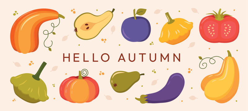 Creative fall theme with pumpkins, vegetables, tomatoes, and autumn leaves. Colorful banner layout with modern typography. Thanksgiving backdrop