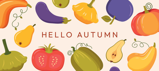 Creative concept of autumn, pumpkins, vegetables, tomatoes, leaves. Bright autumn banner with typography. Thanksgiving background.