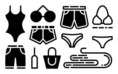 Collection of Black and White Icons Representing Summer Beachwear and Accessories