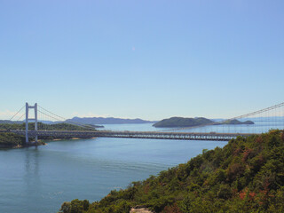 A panoramic view of the Seto Inland Sea National Park.
The suspension bridge is the Seto Ohashi, a landmark of Western Japan.
