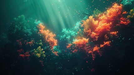 Vibrant Coral Reef Submerged in Luminous Neon-Green Acid Mist, Ethereal Underwater Environment