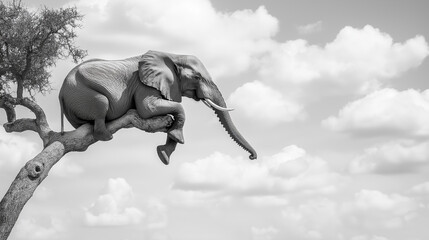 AI generator image of A Unique Image of an Elephant Sitting on a Tree Branch. Baby elephant lies down to sleep peacefully.