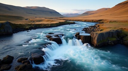 The journey of a river is captured as it winds across the highland, makes a sharp right turn, and tumbles over a jagged rock formation