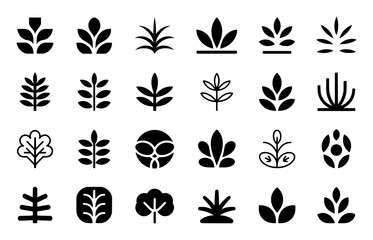 Collection of Black and White Plant and Leaf Icons on White Background