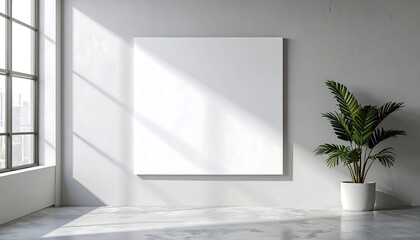 A minimalist interior scene displays a large blank canvas, bathed in natural light, and accented by a potted palm tree.