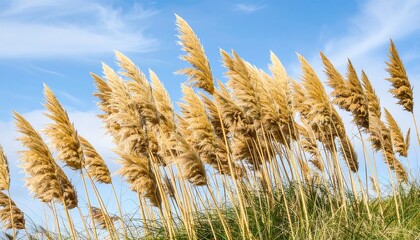 Golden grasses swaying in a clear blue sky.  Fluffy plumes of dried grasses against a bright sky