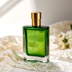 A luxurious green glass perfume bottle sits atop a delicate lace cloth, bathed in soft sunlight.