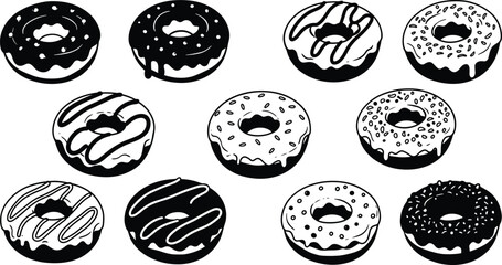 Delicious donut vector set, black and white donuts, dripping glaze illustrations, sweet dessert icons, tasty bakery food, hand-drawn donuts