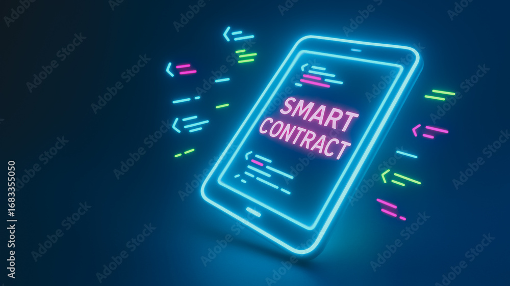 Aufkleber digital smart contract: a futuristic digital representation of a smart contract concept. a neon tabl