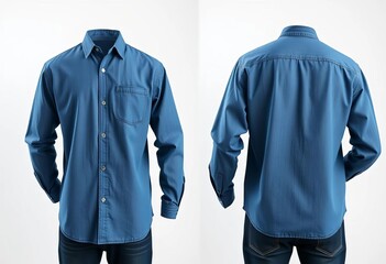 Classic blue denim long-sleeve shirt, front and back views,  style,  button-up