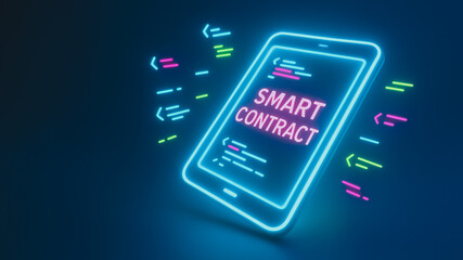 Digital Smart Contract: A futuristic digital representation of a smart contract concept. A neon tablet displays code signifying a new era of automated agreement.