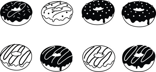 Donut clipart, black and white donuts, icing designs, sweet pastry vector, dessert silhouette, bakery clipart, donut illustration, food icon