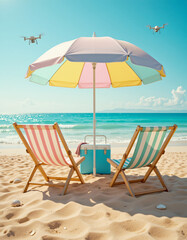 A serene beach scene with two colorful deck chairs, a vibrant umbrella, and two drones flying overhead near the ocean