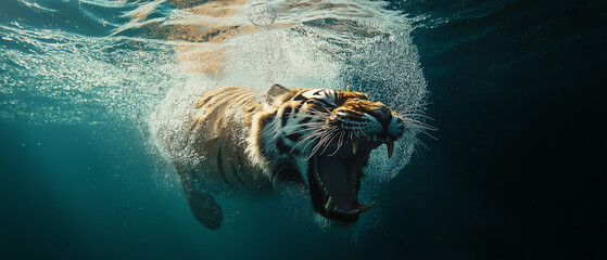 AI generator image of Tiger vs. Saltwater, Shown Crocodile: Epic Wildlife ,High quality wildlife photography ferocious tiger lunges at a crocodile in a river, showcasing a dramatic wildlife encounter 