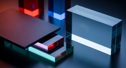 Abstract geometric blocks render background with vibrant colored glass on a dark surface