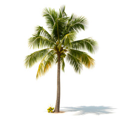 Fototapeta premium Lush green coconut palm tree with coconuts and shadow on white background