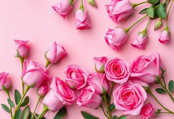 Pastel background, pink roses arranged minimally for Valentine's Day, pink, romantic
