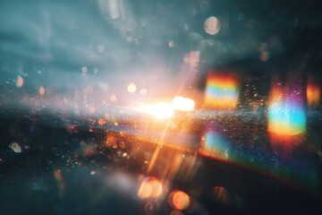 Fototapeta premium light leak overlay effect with blur orange light leaks and bokeh, retro grain noisy film distressed texture light leak flare on black background, retro film overlay