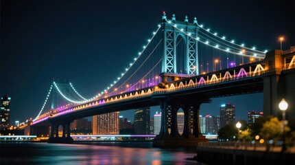 Night cityscape view of a suspension bridge, illuminated with vibrant colors, over a river, with modern city skyline in the background