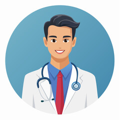 Fototapeta premium Smiling Asian male doctor wearing a white coat and stethoscope.