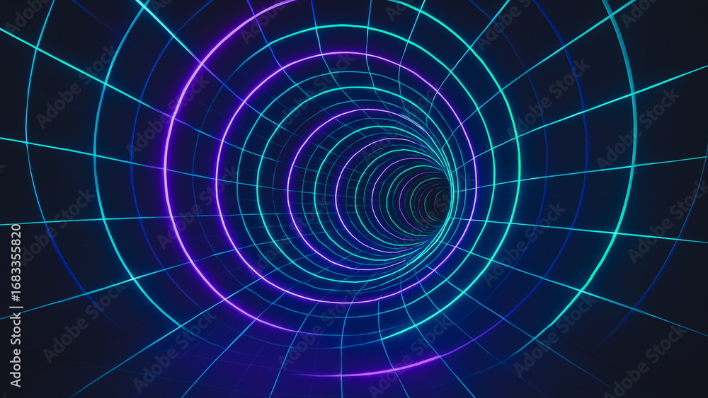 Poster neon tunnel in deep space: a mesmerizing visualization of an abstract neon tunnel, drawing the eye i