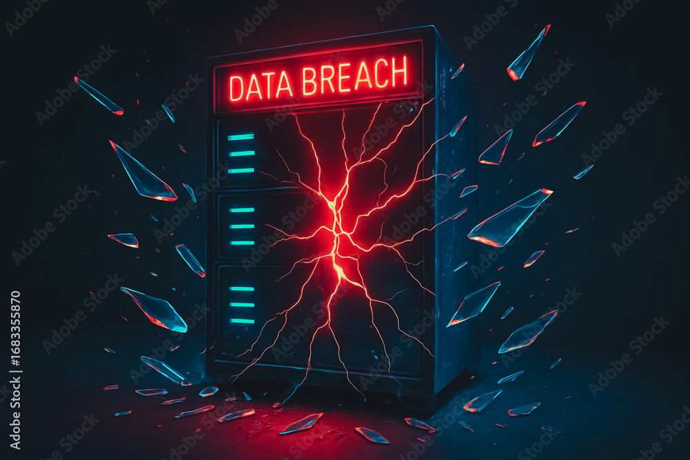 Aufkleber digital data breach: an illustrative image of a server being struck by digital lightning, symbolizin