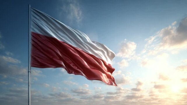 Polish flag waving in sky