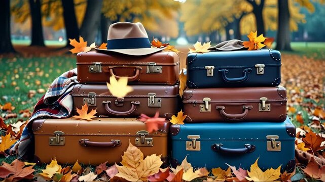 AI-generated stack of vintage suitcases with autumn leaves falling in a scenic tree-lined park