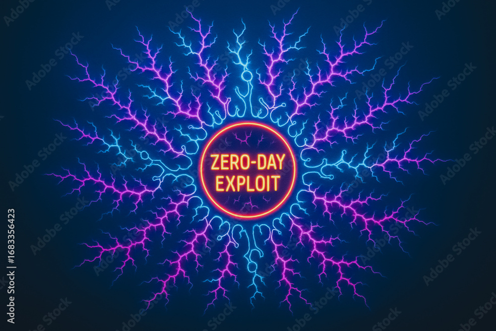 Poster zero-day exploit: an electrifying illustration of a zero-day exploit, symbolized by neon-like circui