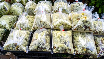 Many clear plastic bags filled with bunches of dried moss are displayed for sale.