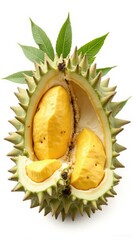 Fototapeta premium Vibrant Durian Fruit Halved, Revealing Creamy Yellow Flesh and Spiky Green Exterior with Fresh Leaves