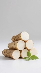 Fresh cut yacon roots with green leaf