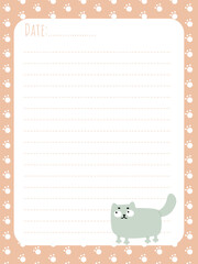 Diary page with a funny cat and paw print background in a simple flat style
