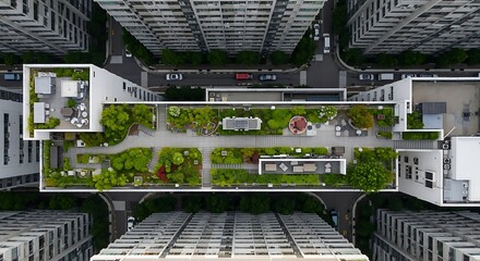 Elevated urban garden oasis, a vibrant rooftop park in a dense city