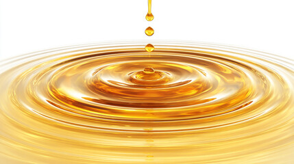 Golden oil drop creating ripples on the surface isolated on white background