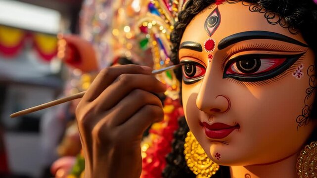 Close-up of Artist s Hand Detailing the Face of a Durga Puja Idol Vibrant Colors, Intricate Makeup, and Warm Golden Light Enhance the Festive Atmosphere of this Indian Religious Celebration.