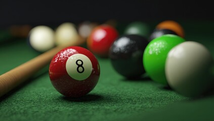 Pool balls on a green table with cue