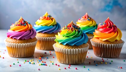Vibrant rainbow cupcakes with colorful frosting and sprinkles arranged on a light-gray surface.