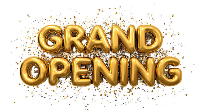 Golden Grand Opening balloon letters with glitter explosion. Celebration, inauguration, event.
