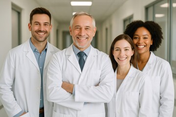 Fototapeta premium Doctors and nurses standing together in a hospital corridor, representing healthcare, teamwork, and professionalism
