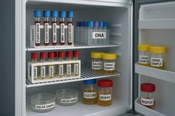 Open laboratory refrigerator storing labeled samples of blood, serum, urine, saliva, dna, biopsy and cultures for medical analysis