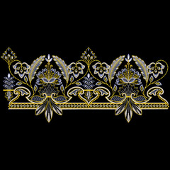 Indian traditional artwork lace border embroidery Daman design illustrated Multi ethnic flowers and leafs leaves with trendy embroidered ornaments and motifs Bunches	